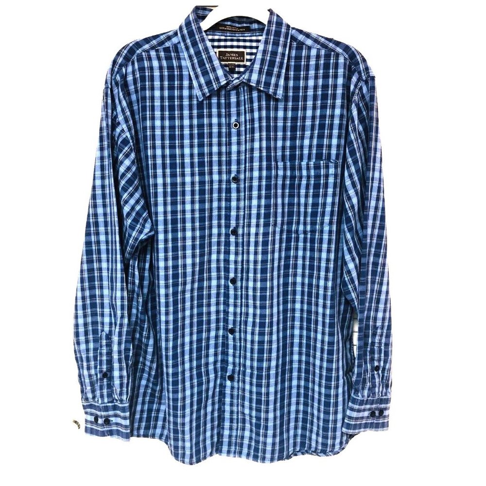 James Tattersall Blue Plaid Shirt Men's XXL Contrast‎ Flip Cuff Cotton L/Sleeves